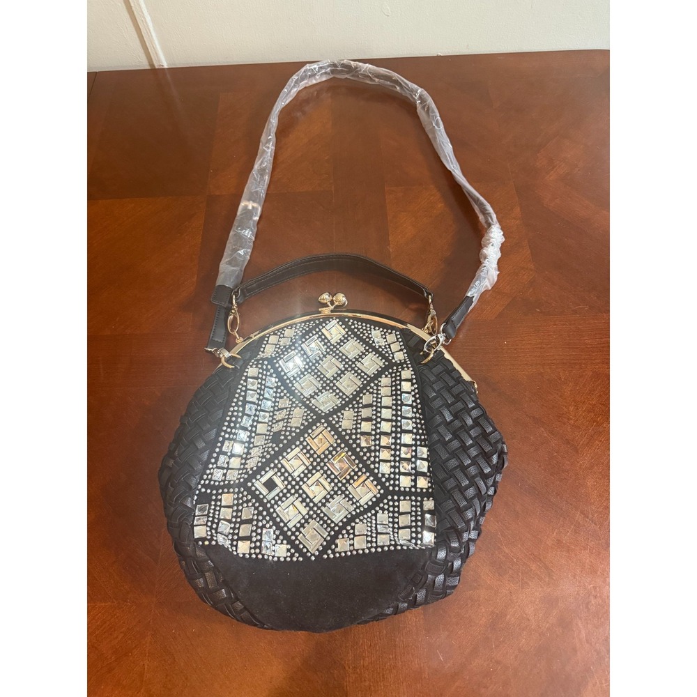 Vintage Black Beaded Evening Bag Woven Faux Leather Rhinestone Clutch Purse read